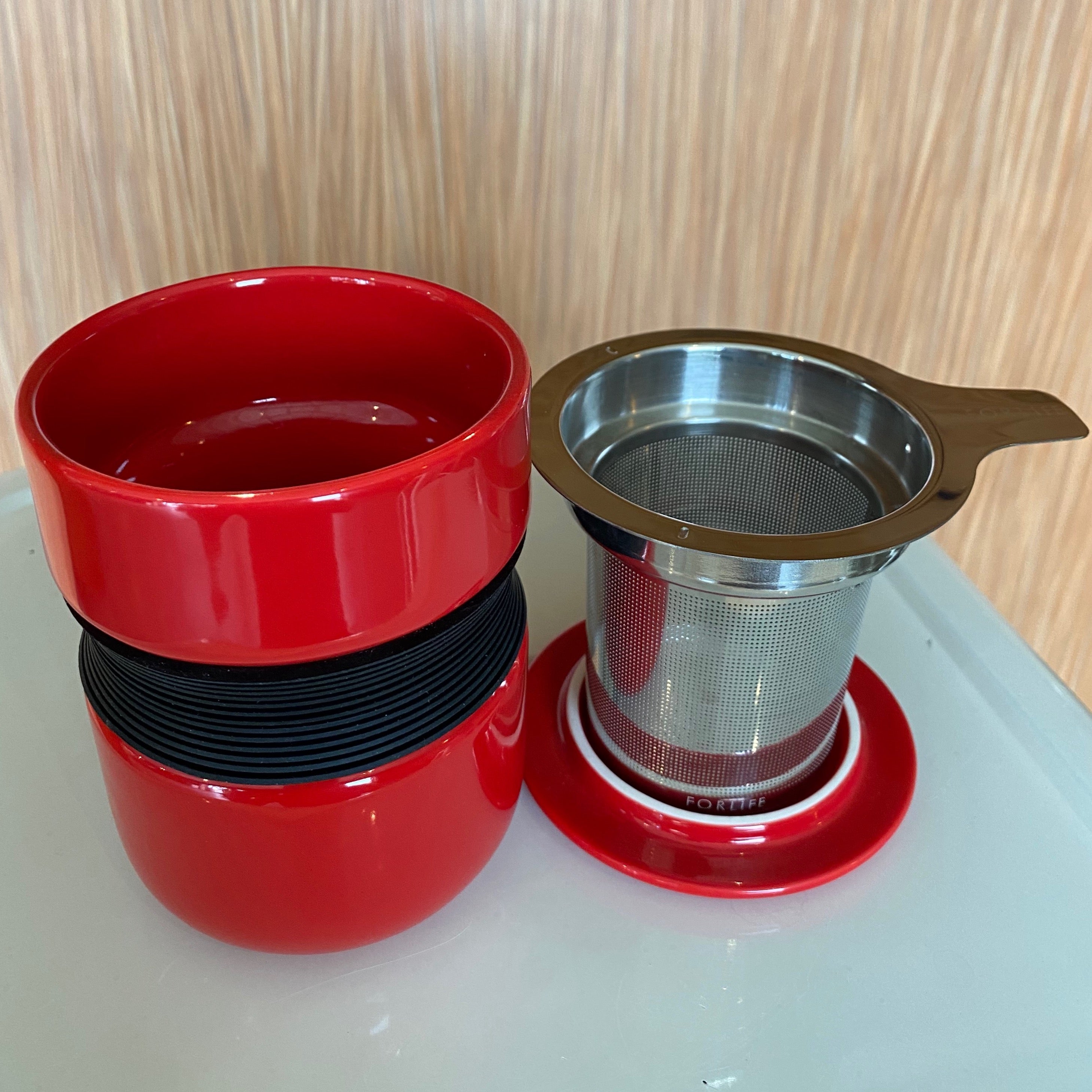 Red Asian style tea mug with infuser & lid, For Life brand