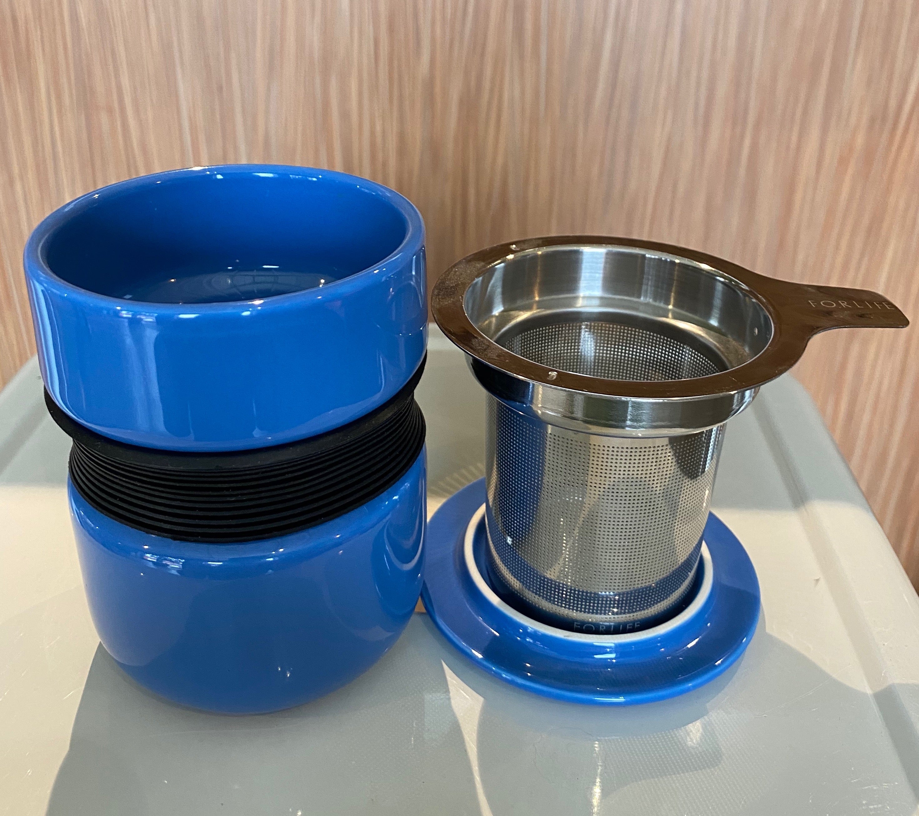 Marine blue Asian style tea mug with infuser & lid, For Life brand