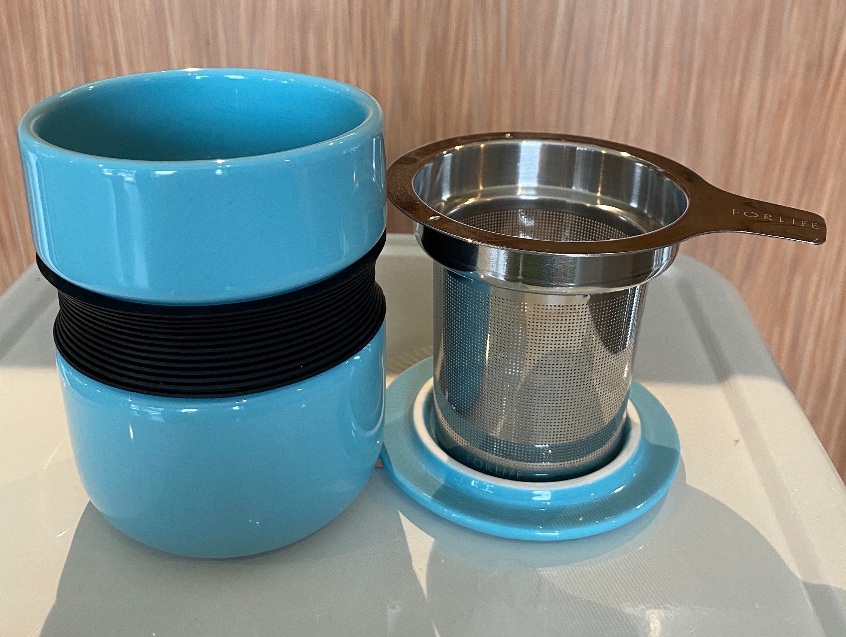 Turquoise Asian style tea mug with infuser & lid, For Life brand